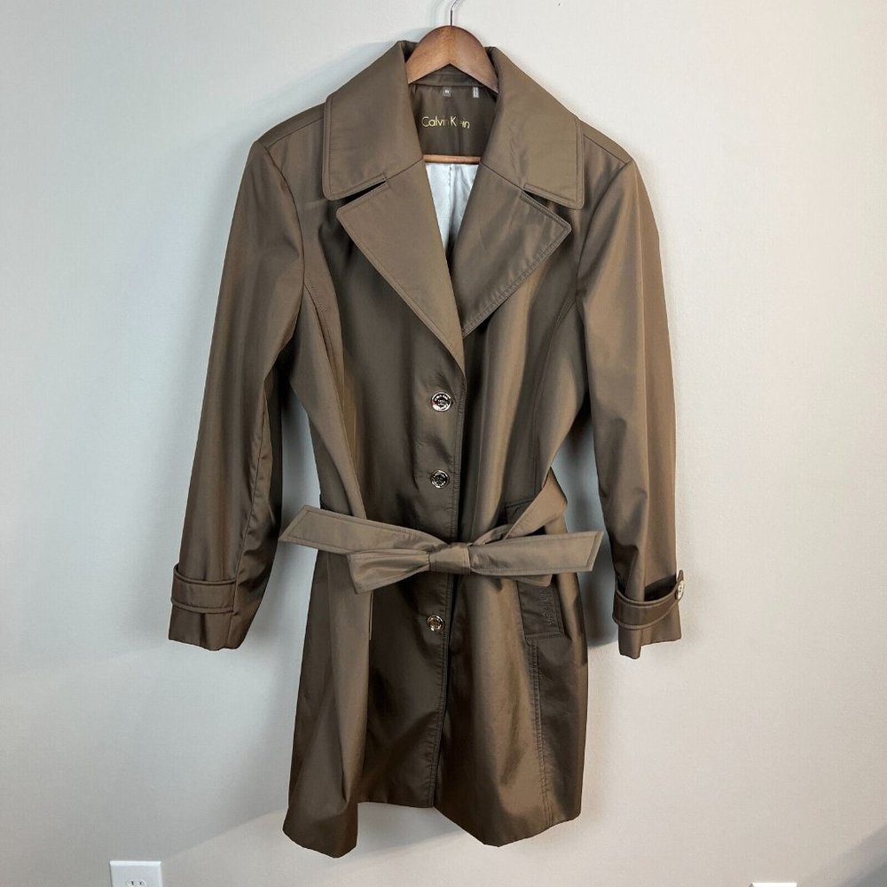 CALVIN KLEIN Trench Coat 0X Bronze Brown Single Breasted Belted Button Up Womens